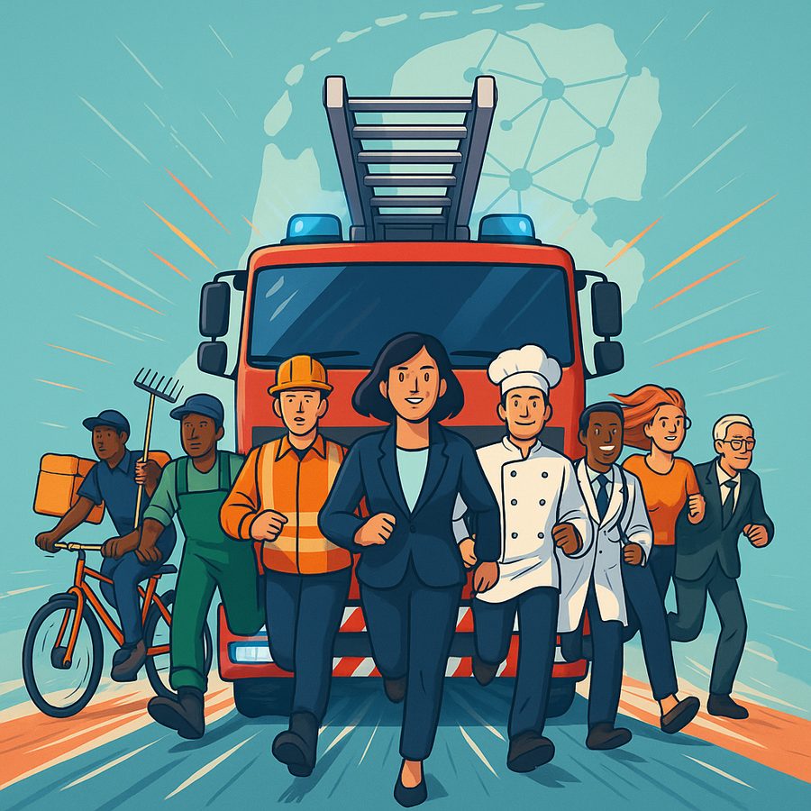 Diverse groep zelfstandige vakmensen rent gezamenlijk voor een brandweerwagen — het netwerk in actie